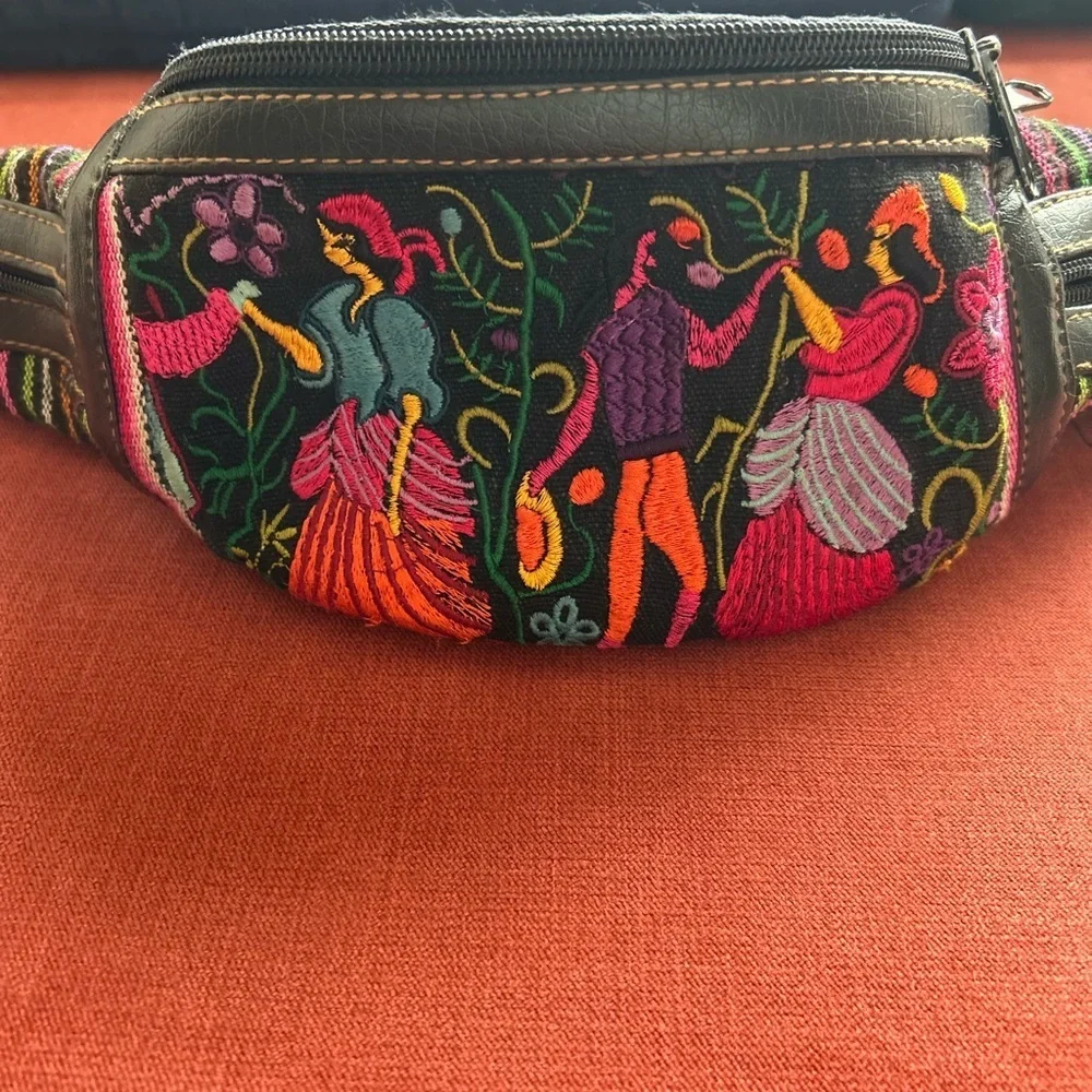 Red and Pink Embroidered Crossbody Bag with Folk Art Design